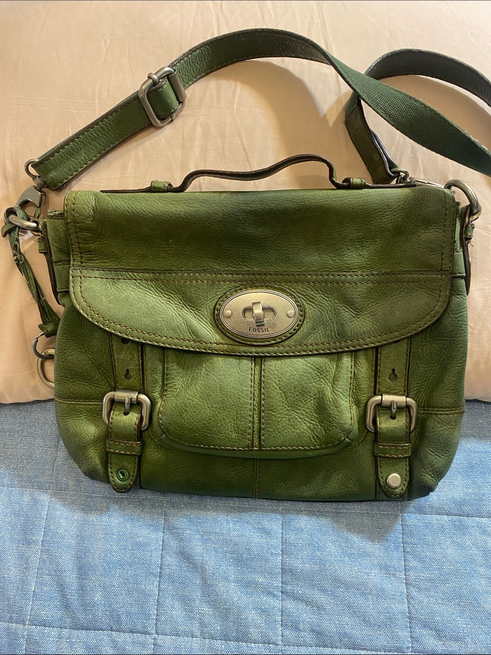 Fossil Olive Green Distressed Leather Messenger Bag